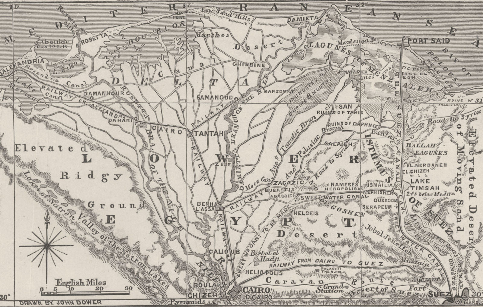 EGYPT. Suez, Map of the Isthmus of. Showing the Course of the Suez Canal 1870